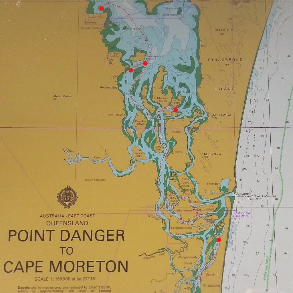 The red line on this chart marks our route. The red dots mark our anchorages. The last dot up the top is Raby Bay, where we are anchored now.
