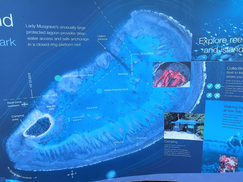 This map of lady musgrave shows how small the island is compared to the surrounding reef. We were anchored just near the words Habitat Protection Zone in the middle.